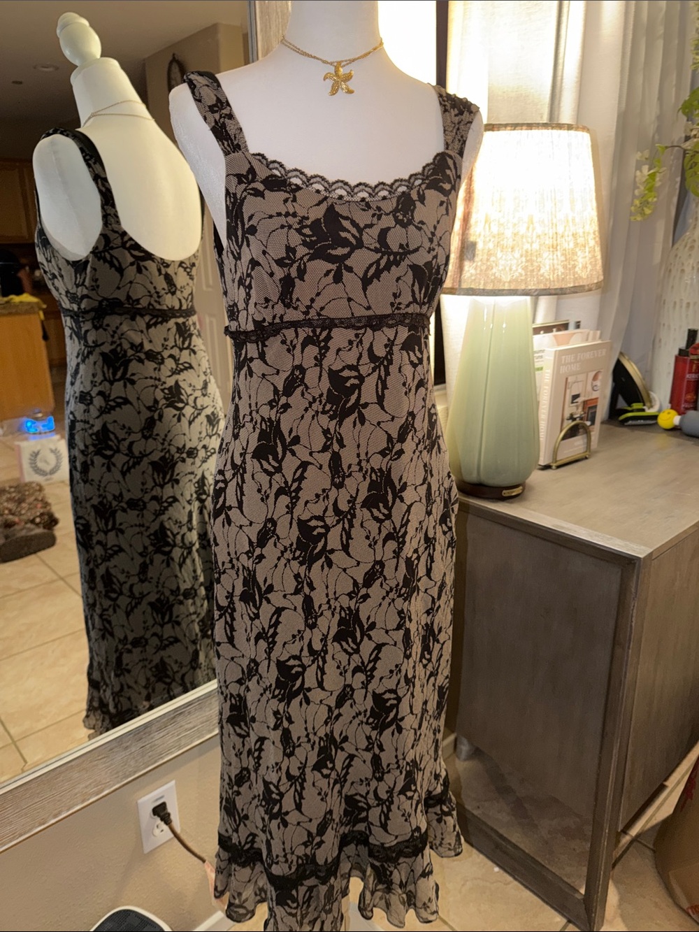 INC International Concepts Taupe Midi Dress with Black Lace Overlay
